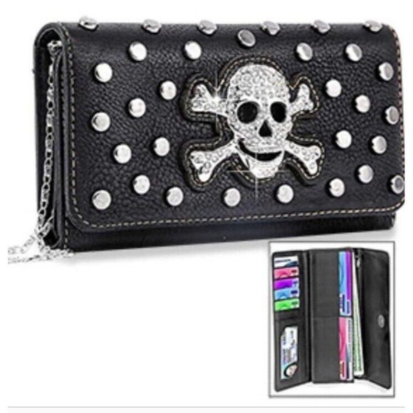 Skull Metal Head Studded Wallet w Chain Crossbody Strap - Picture 1 of 8